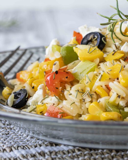 Orzo pasta, oven-cooked vegetables and rosemary