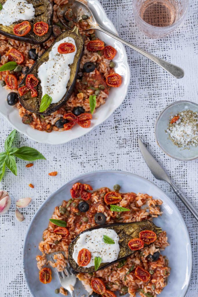 Aubergine met Parmezaan en tomaat 5 Rijst alla Puttanesca met aubergine